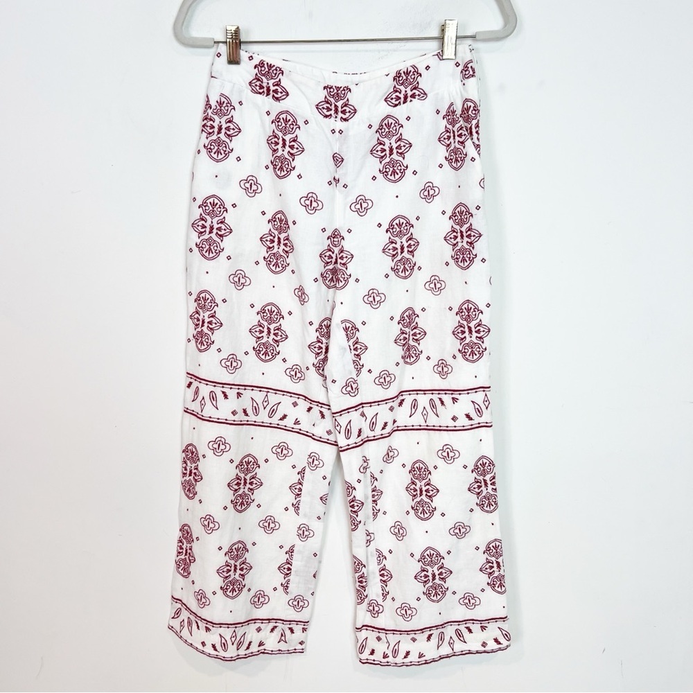 ETT.TWA ANTHROPOLOGIE JADIDA WHITE RED EMBROIDERED WIDE LEG SIDE ZIP PANTS SZ 0